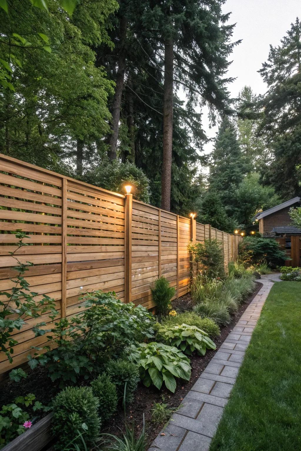 A backyard enhanced by a classic horizontal slatted cedar fence.