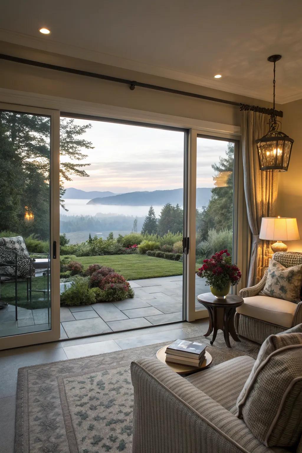A seamless transition from indoor living space to outdoor patio.