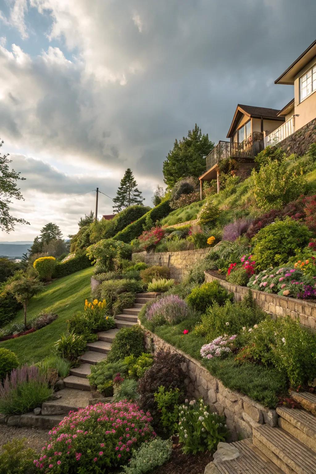 Terraced gardens bring structure and beauty to a sloped yard.