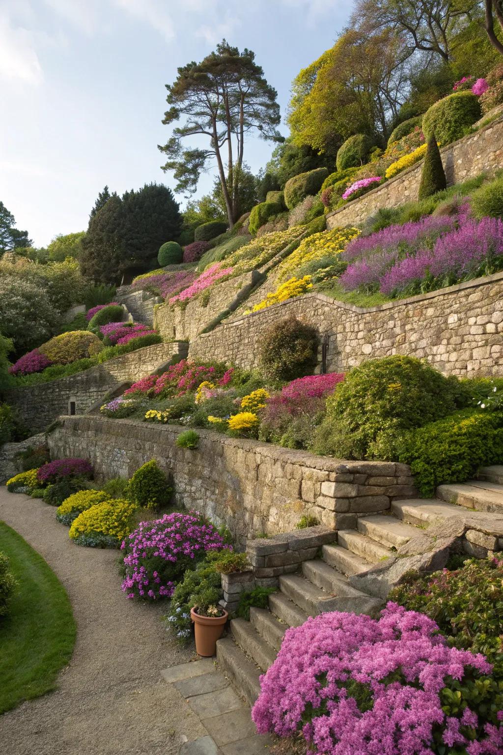 Terraced levels transform slopes into manageable, beautiful spaces.