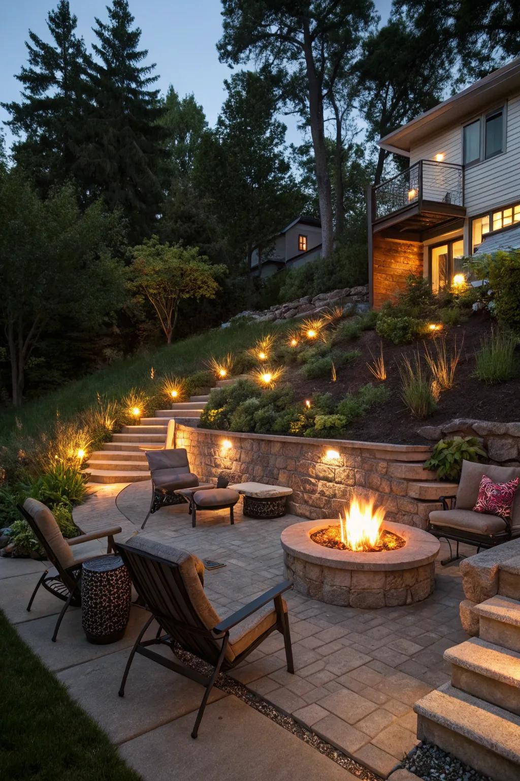 Cozy fire pit area nestled in a sloped backyard, perfect for evening gatherings.