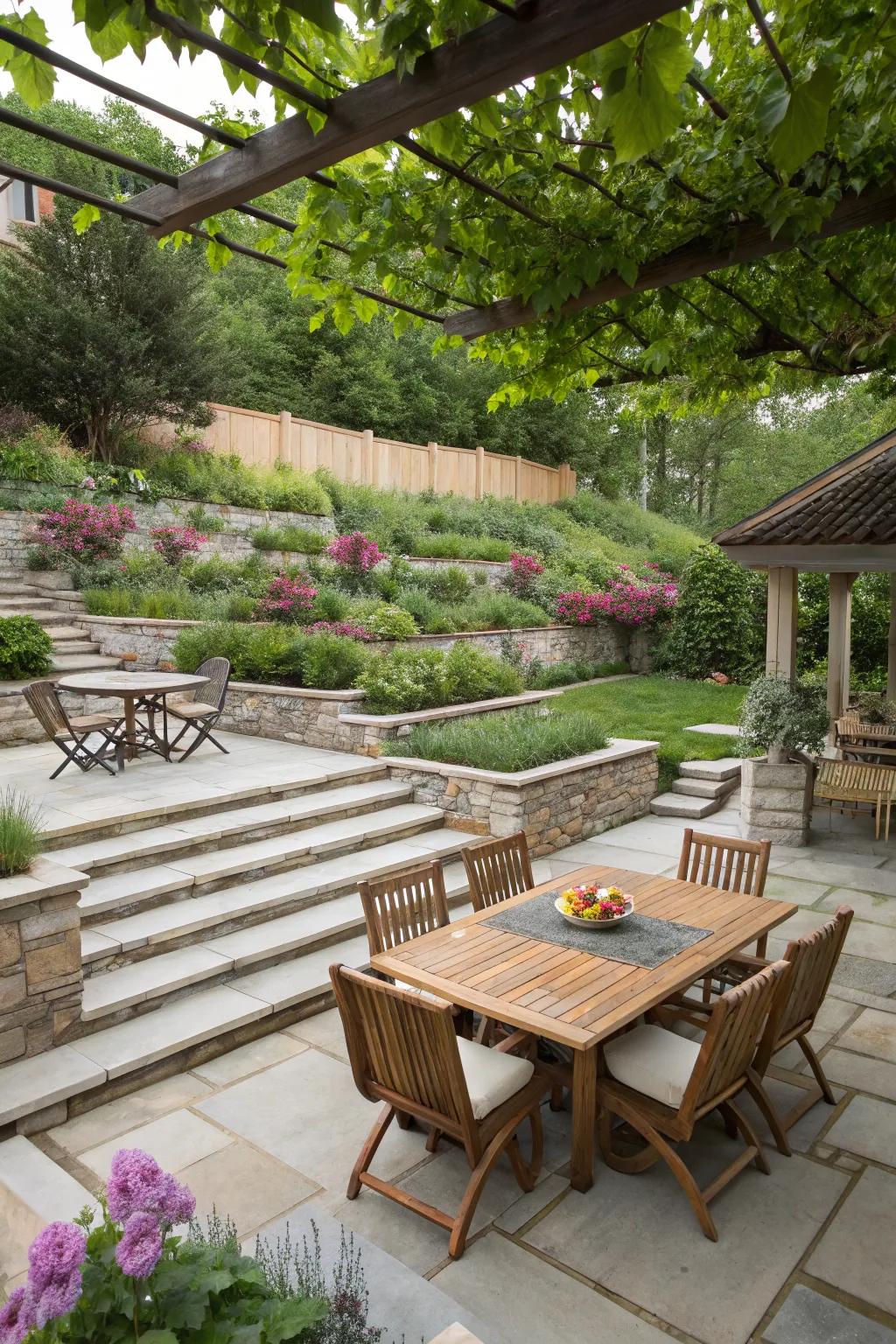 Terraced backyard levels creating separate zones for various activities.