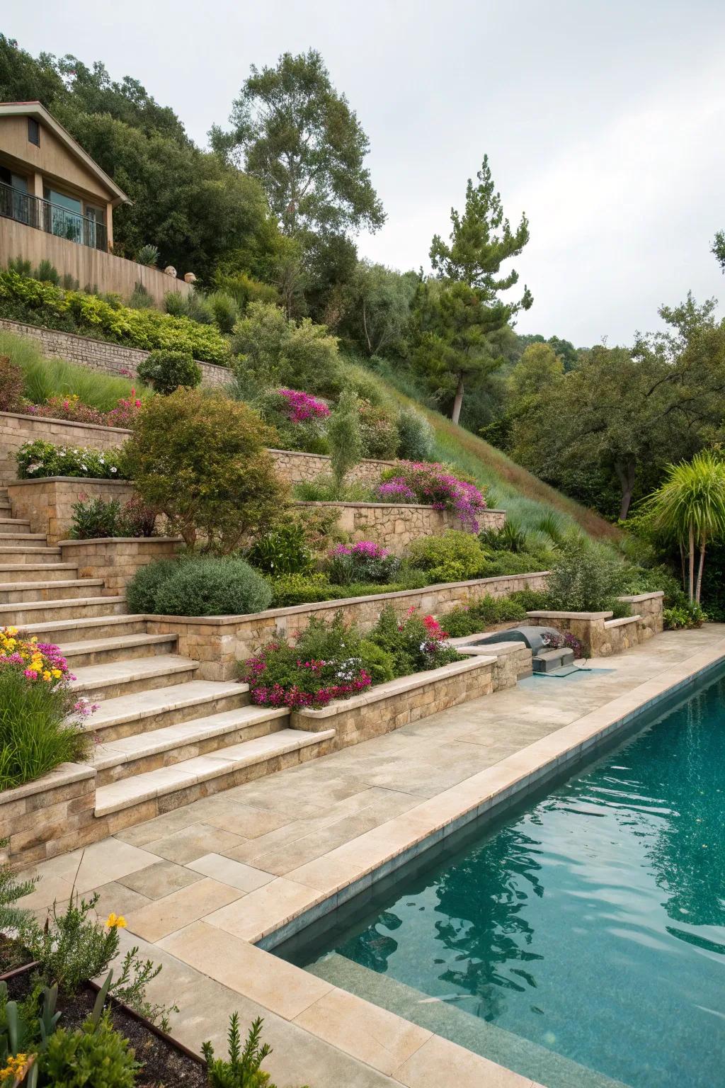 Terraced levels transform slopes into usable, picturesque spaces.