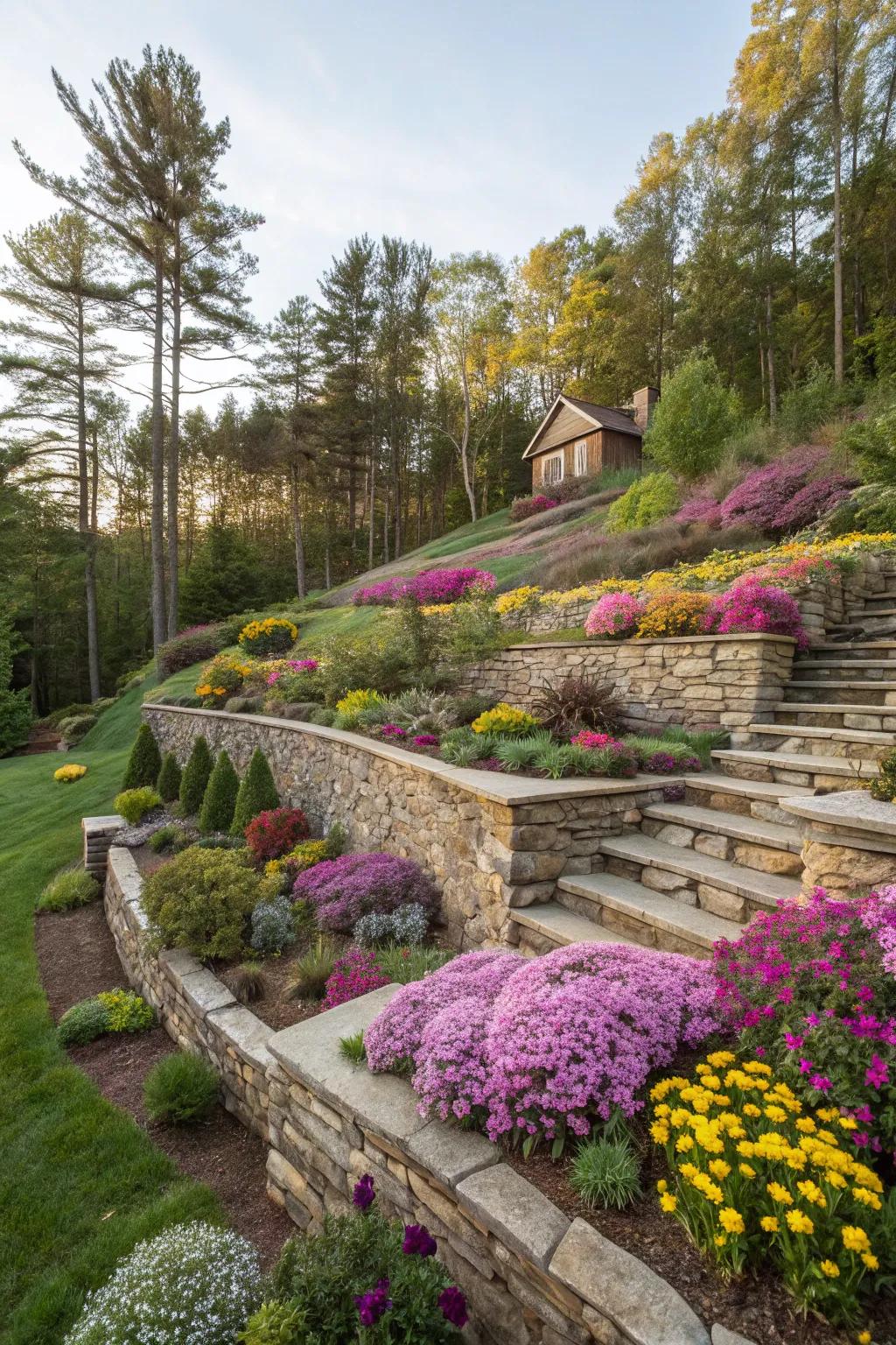 Terraced gardens transform slopes into layered beauty.