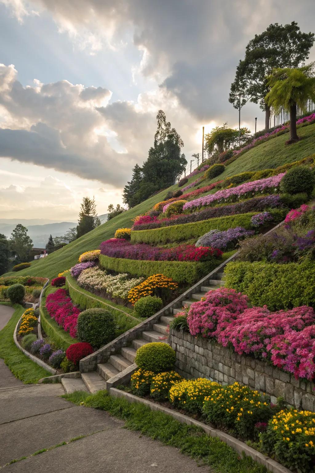 Terraced gardens can bring a structured, vibrant appeal to sloped areas.