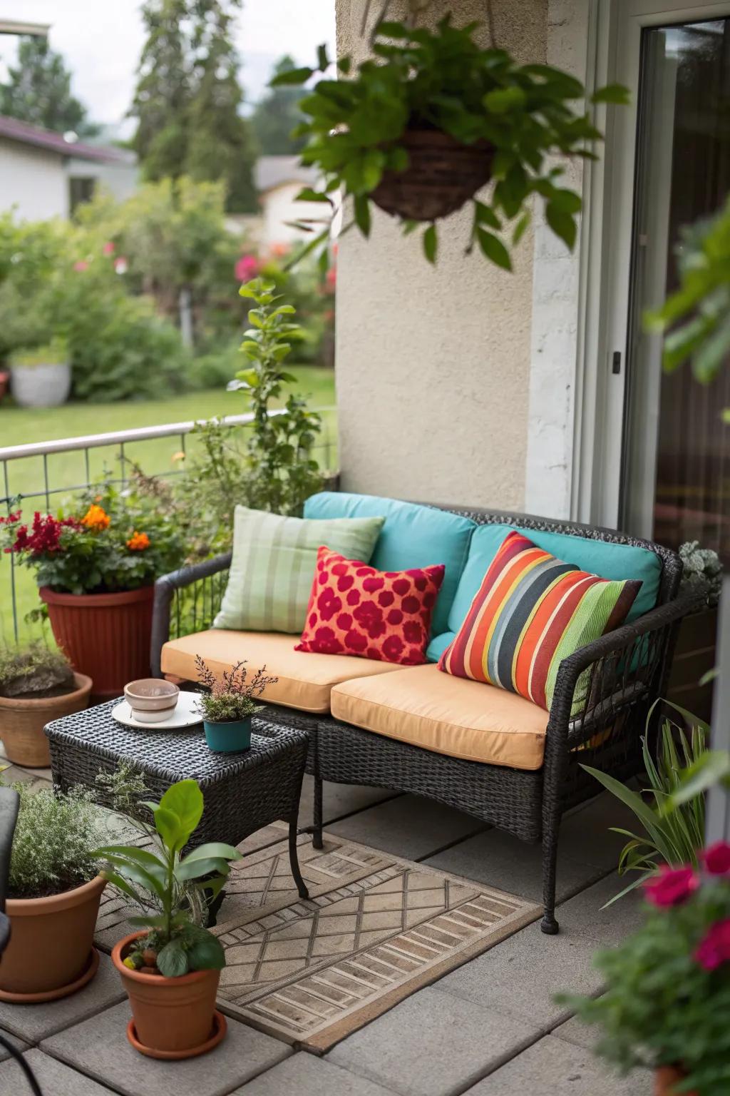 A cozy seating nook with vibrant cushions and greenery.