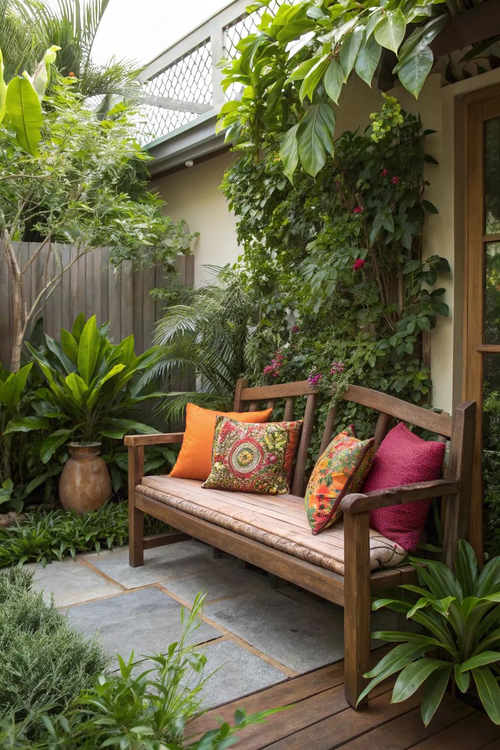 A cozy corner with a wooden bench and vibrant cushions in a small garden.
