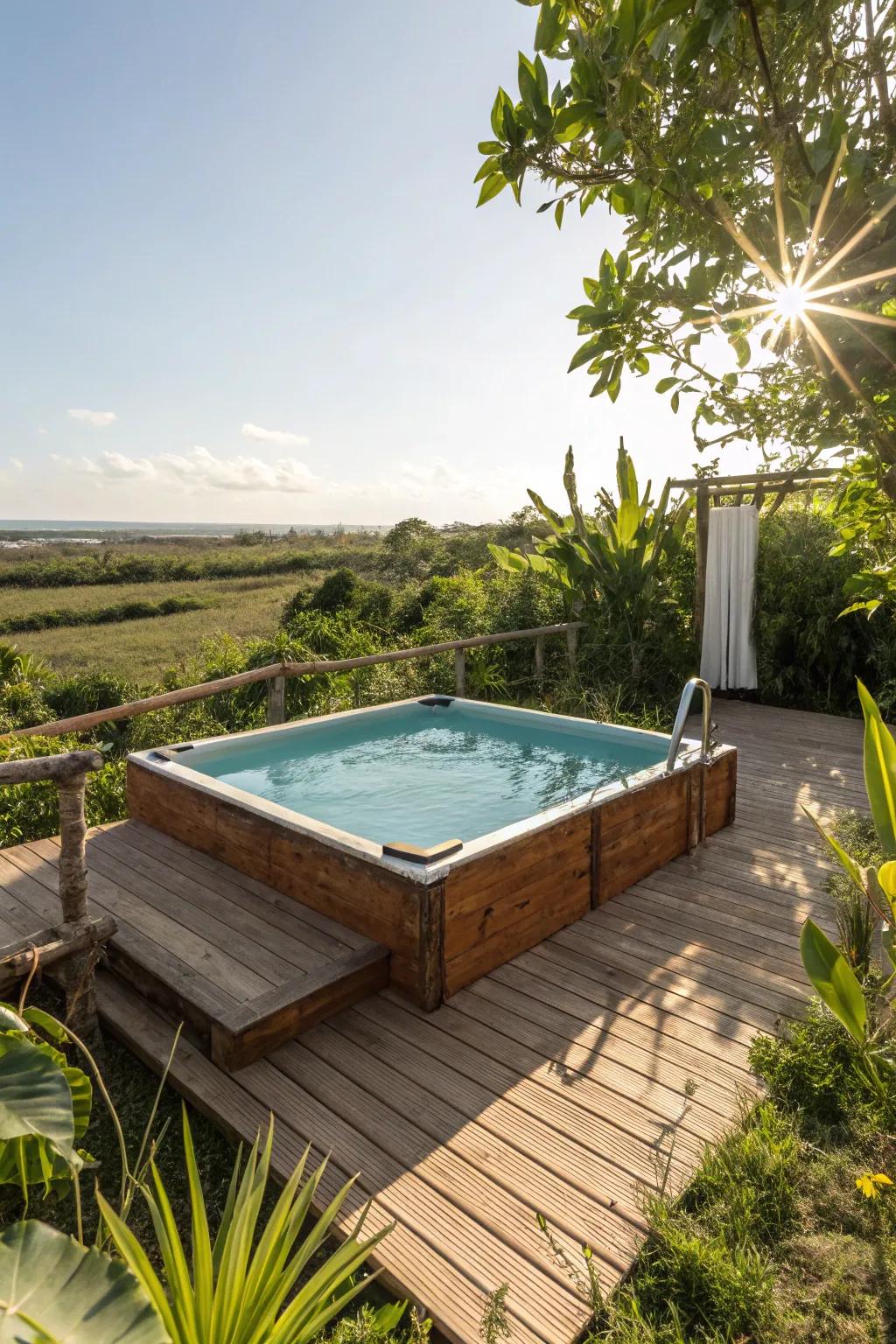 A rustic wooden deck adds natural charm to any backyard pool.