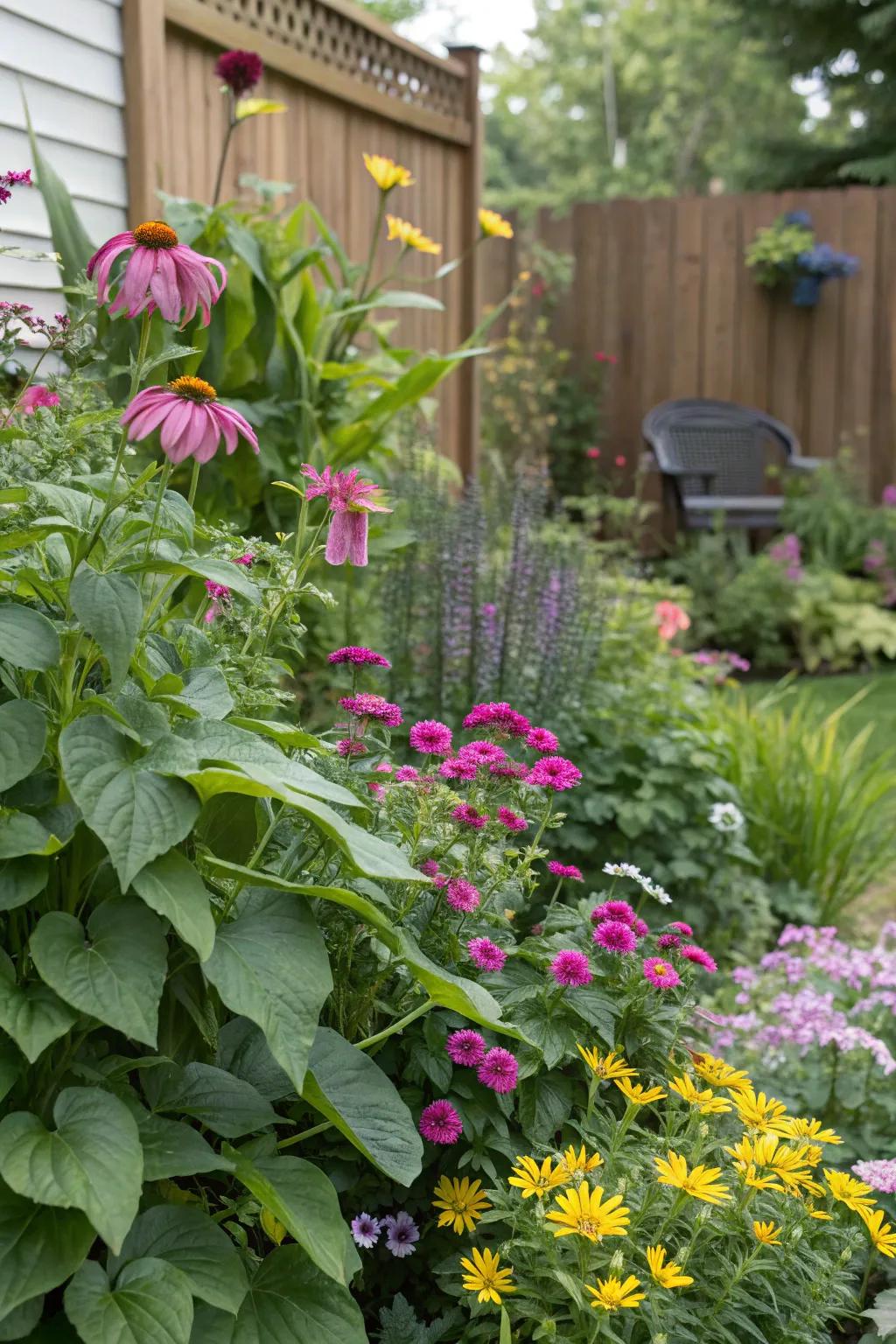 A colorful mix of annuals and perennials in a small backyard garden.