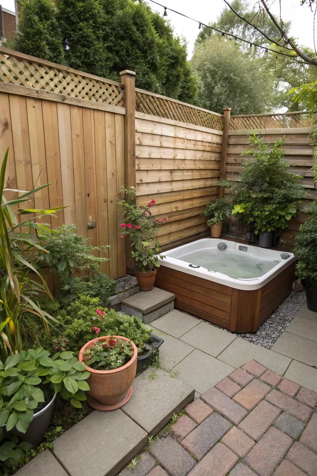Compact jacuzzi nestled in a cozy backyard corner.