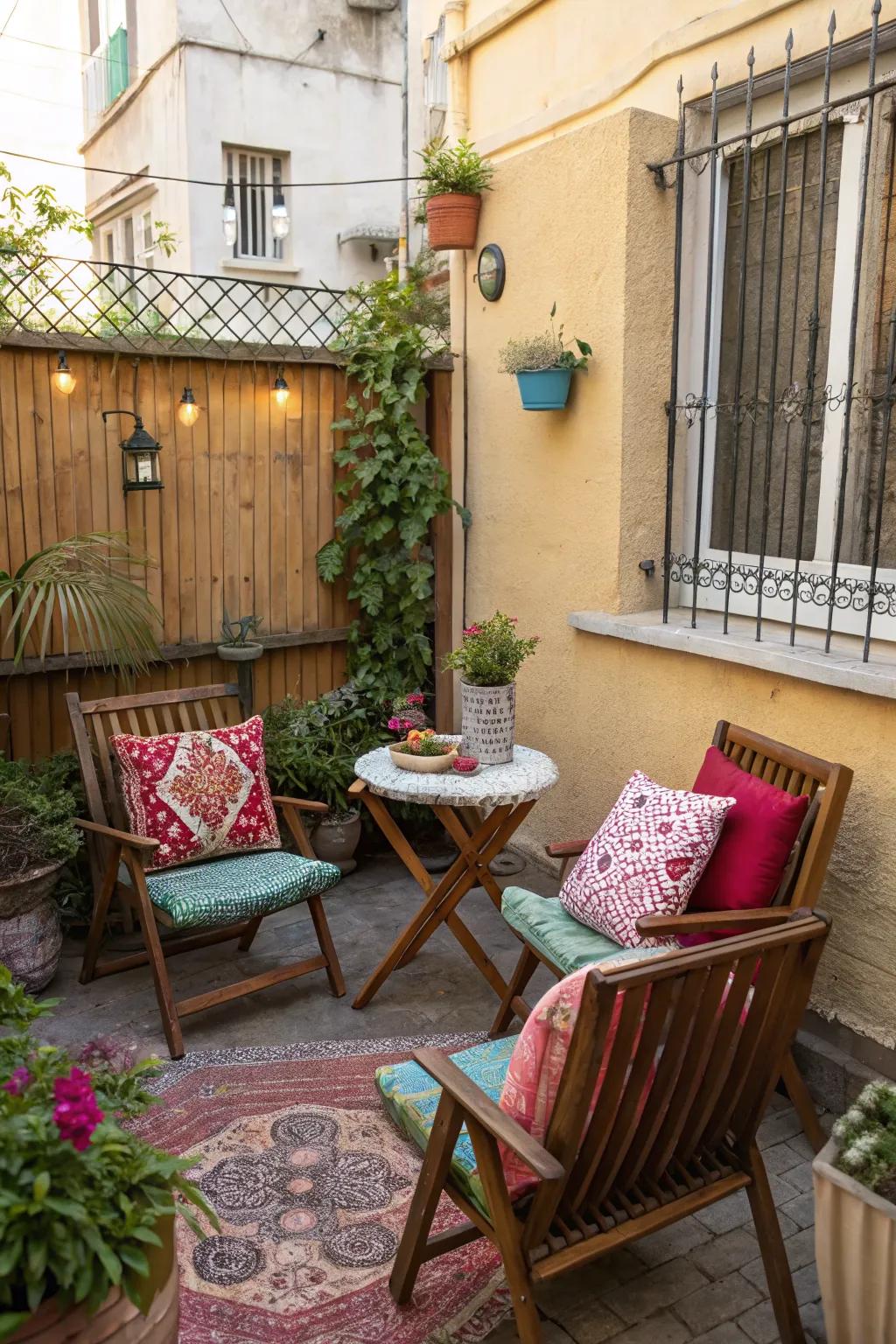 Find comfort in a cozy backyard seating area using budget-friendly furniture.