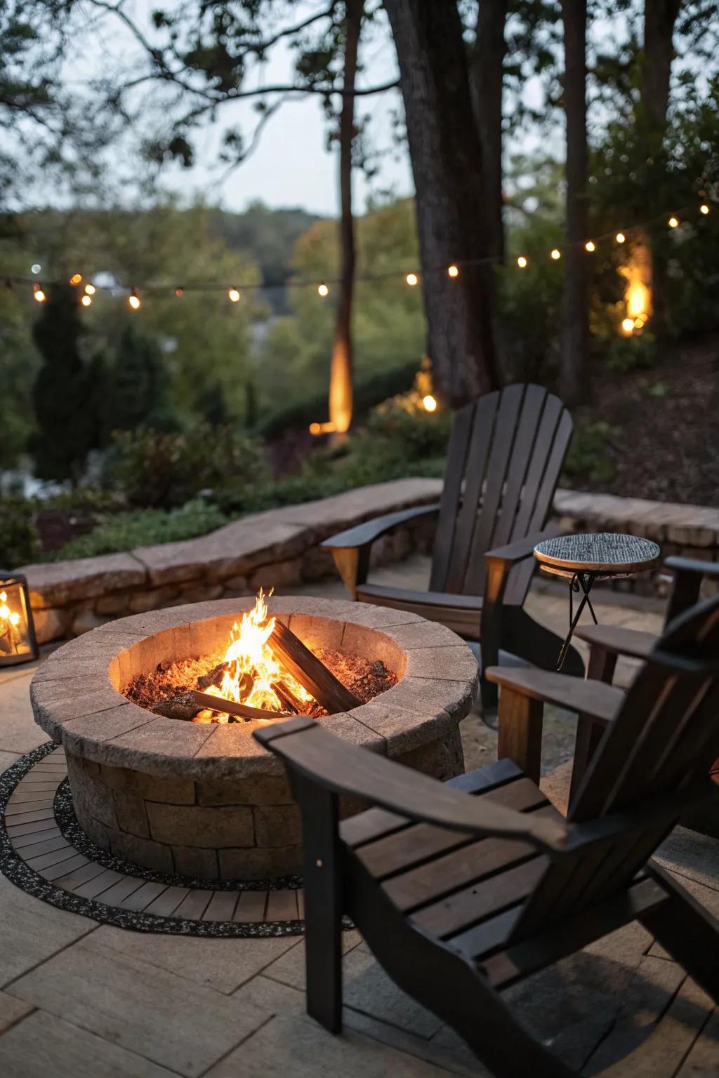 A circular fire pit surrounded by Adirondack chairs invites relaxation.