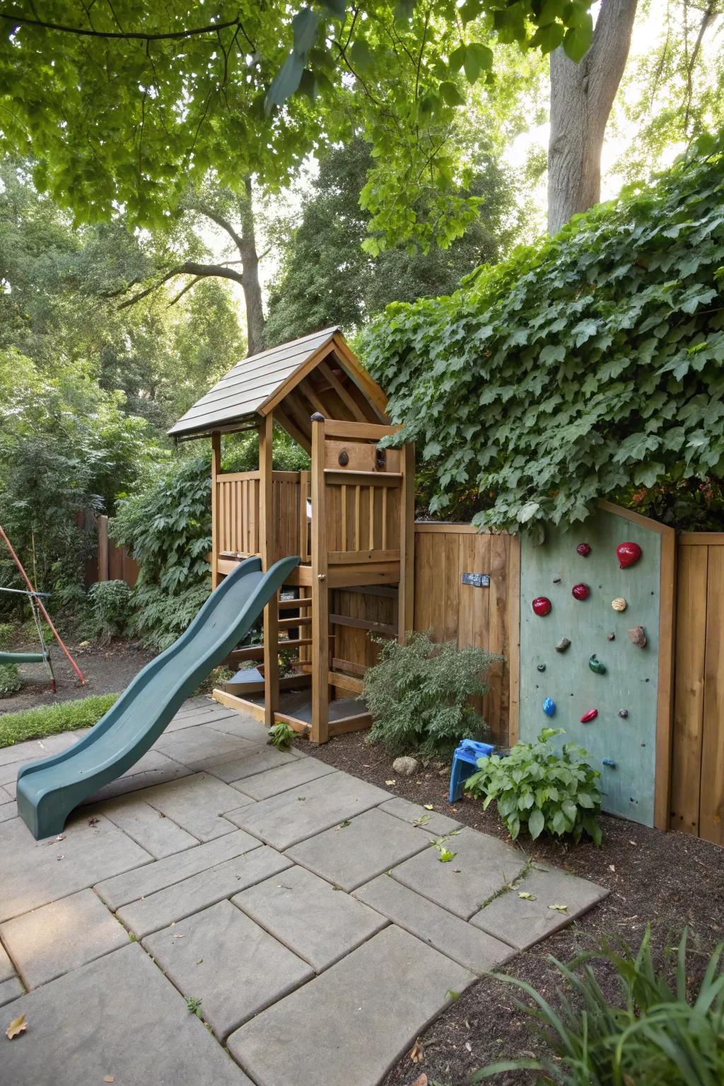 A compact play structure nestled in a lush backyard corner.
