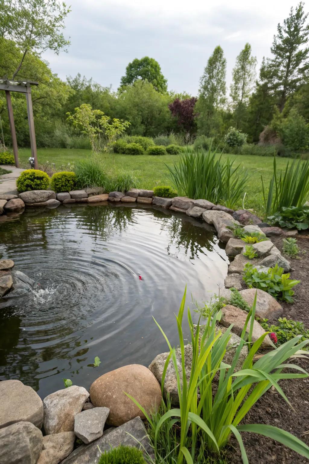 A backyard pond surrounded by natural stones, creating a rocky paradise.