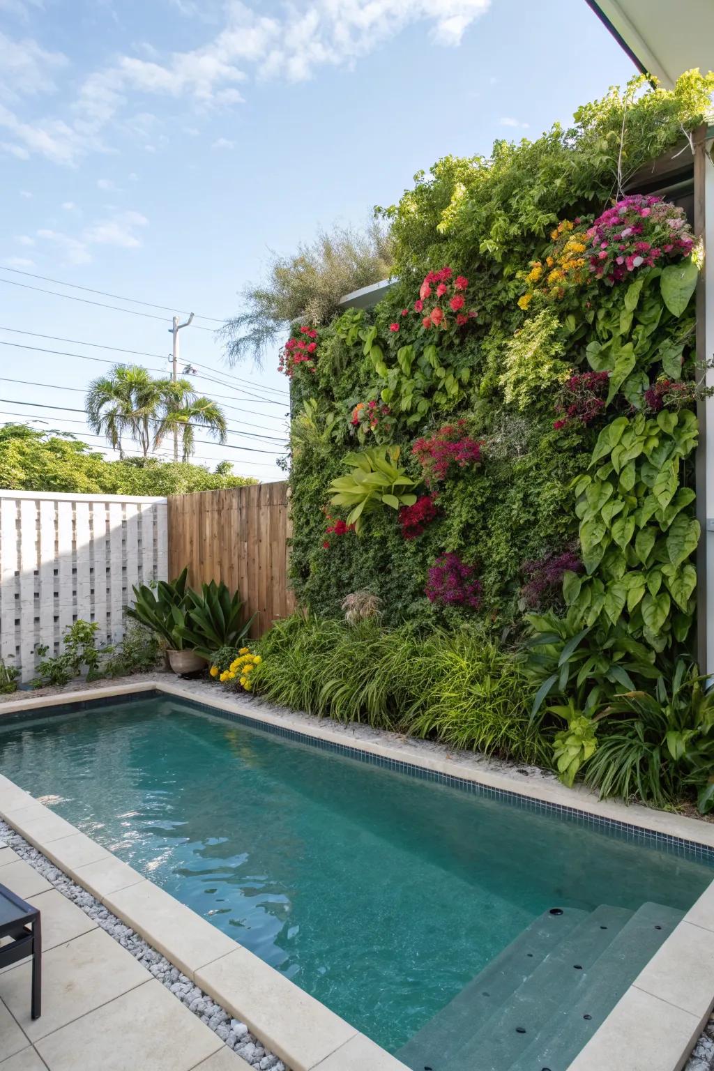 A vertical garden adds lush greenery without taking up ground space, perfect for small backyards.
