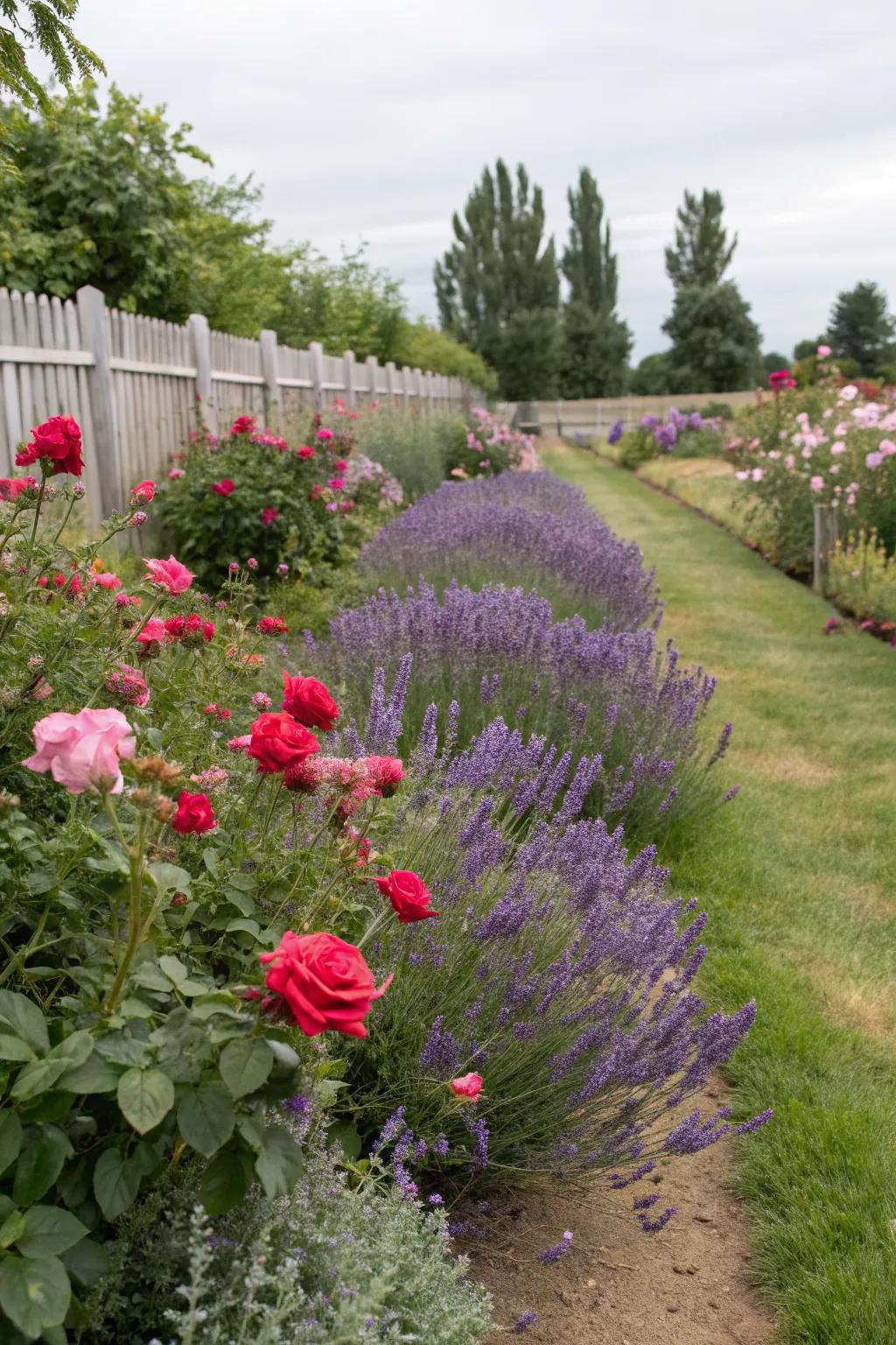 Colorful rose borders mixed with lavender for a fragrant and soothing garden.