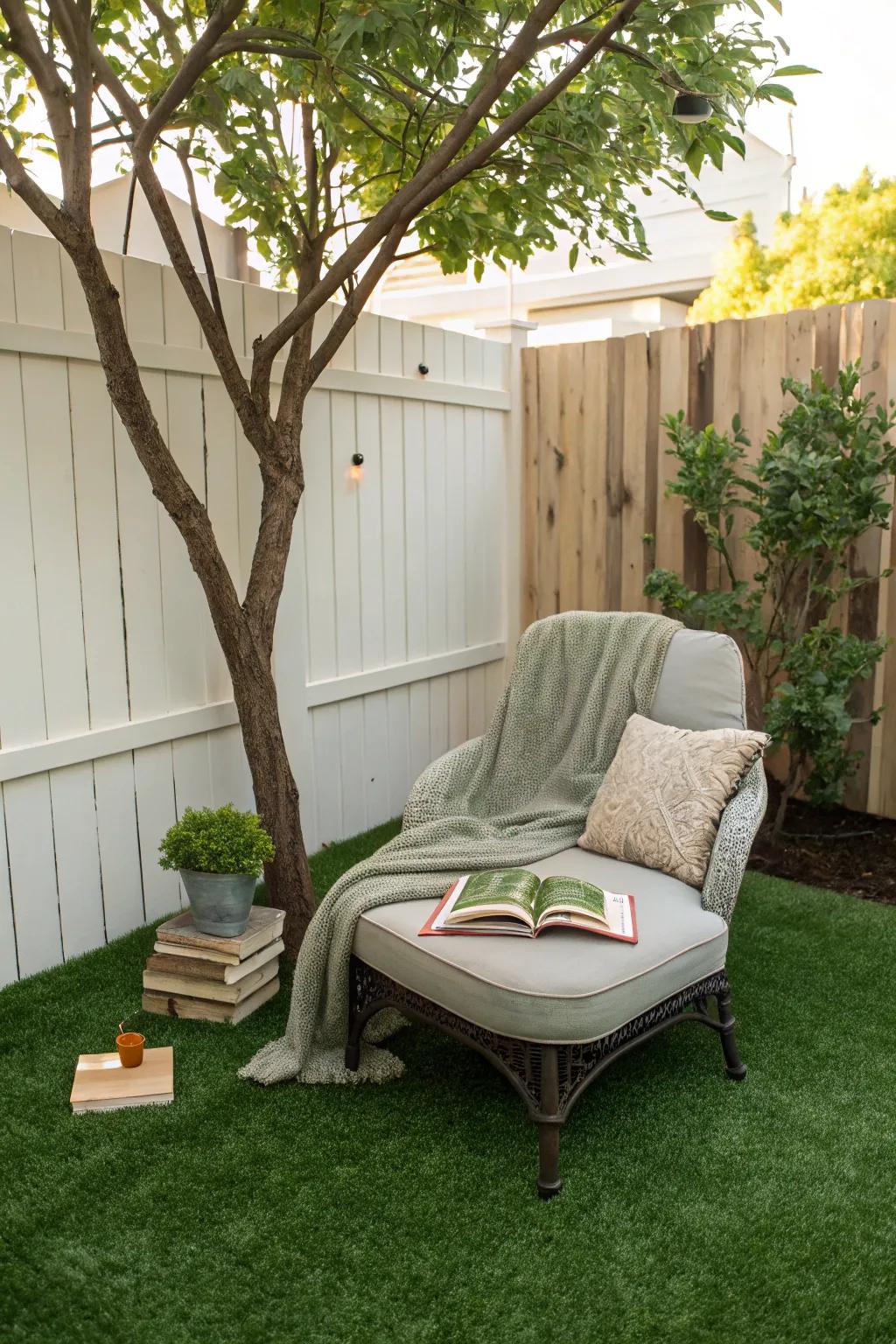 A cozy reading nook on turf invites you to relax and unwind.