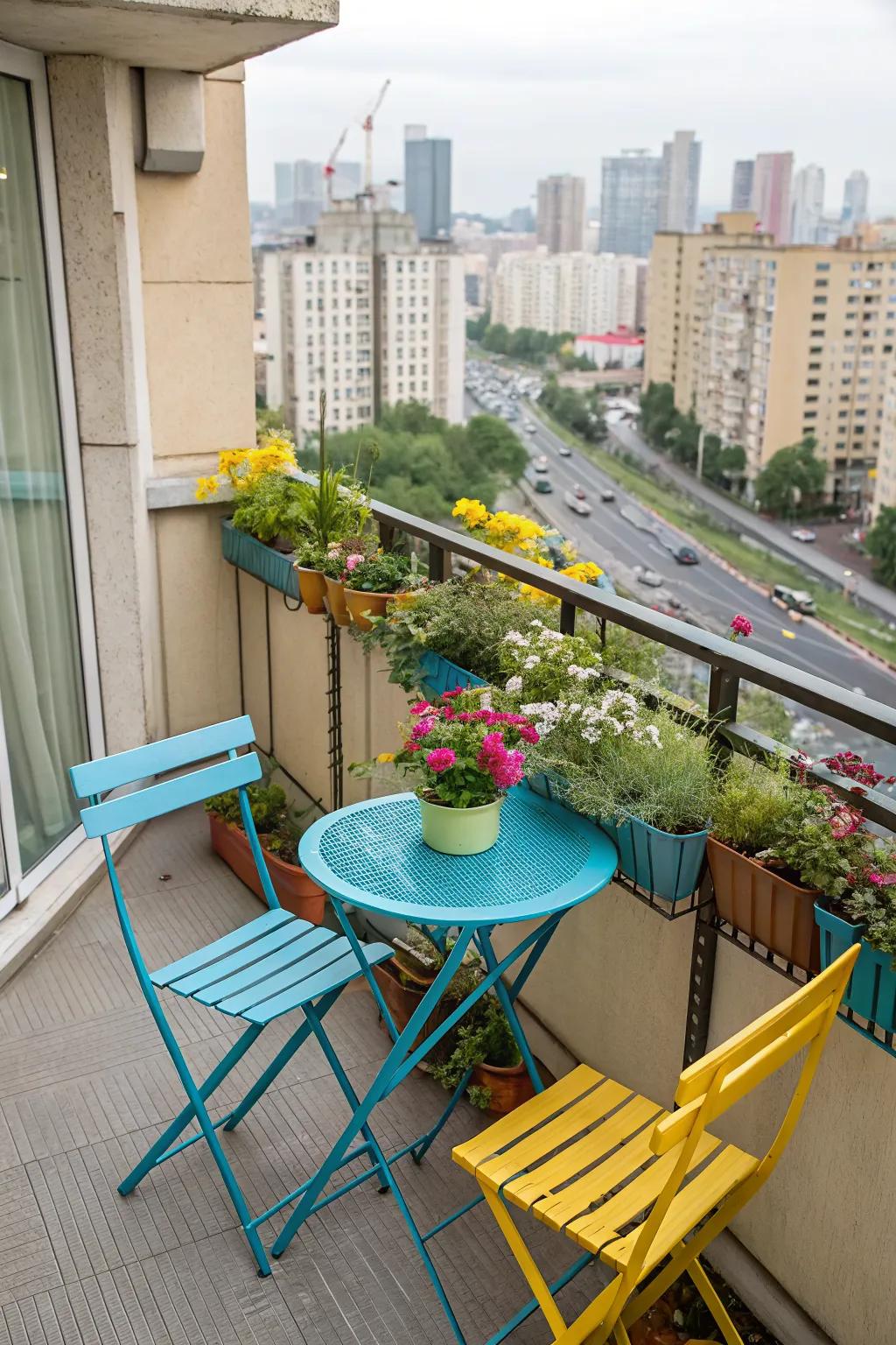 Add a pop of color with a foldable bistro set on your small balcony.