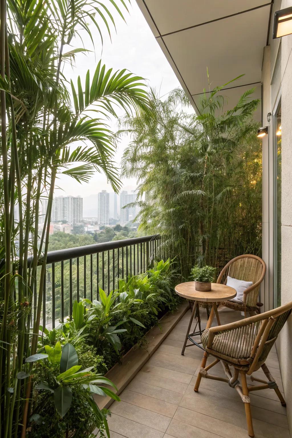 Tall greenery like bamboo creates a natural privacy screen on small balconies.