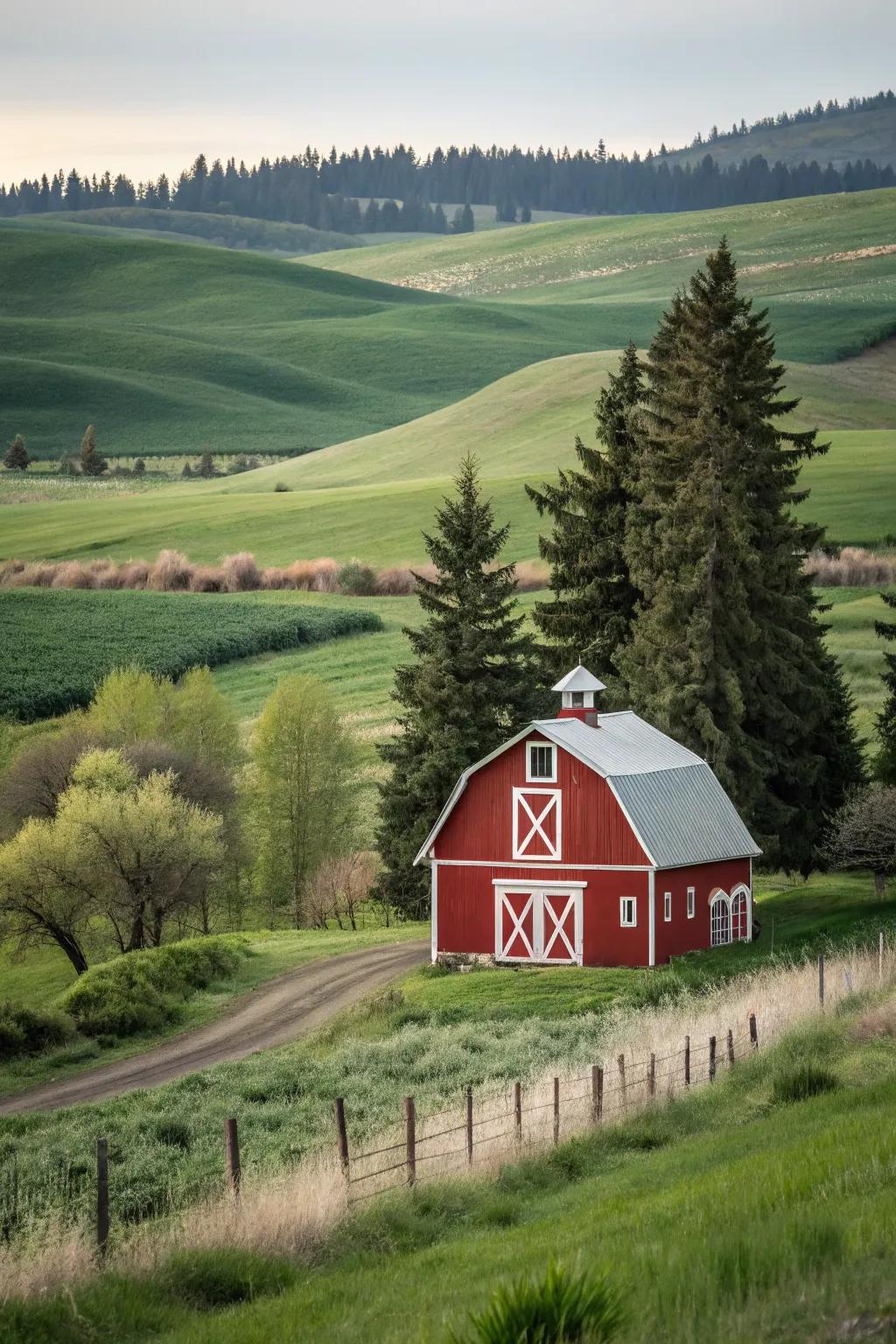 A classic red barn with white trim, a timeless rural icon.