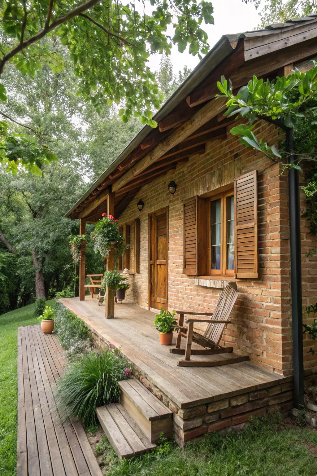 A small brick house with wood shutters and a cozy wooden porch.