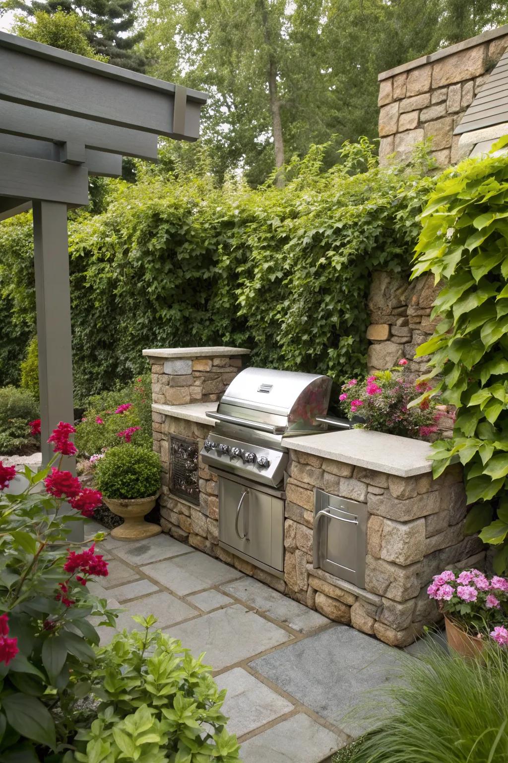 A compact stone grill creates a rustic and elegant focal point in your garden.