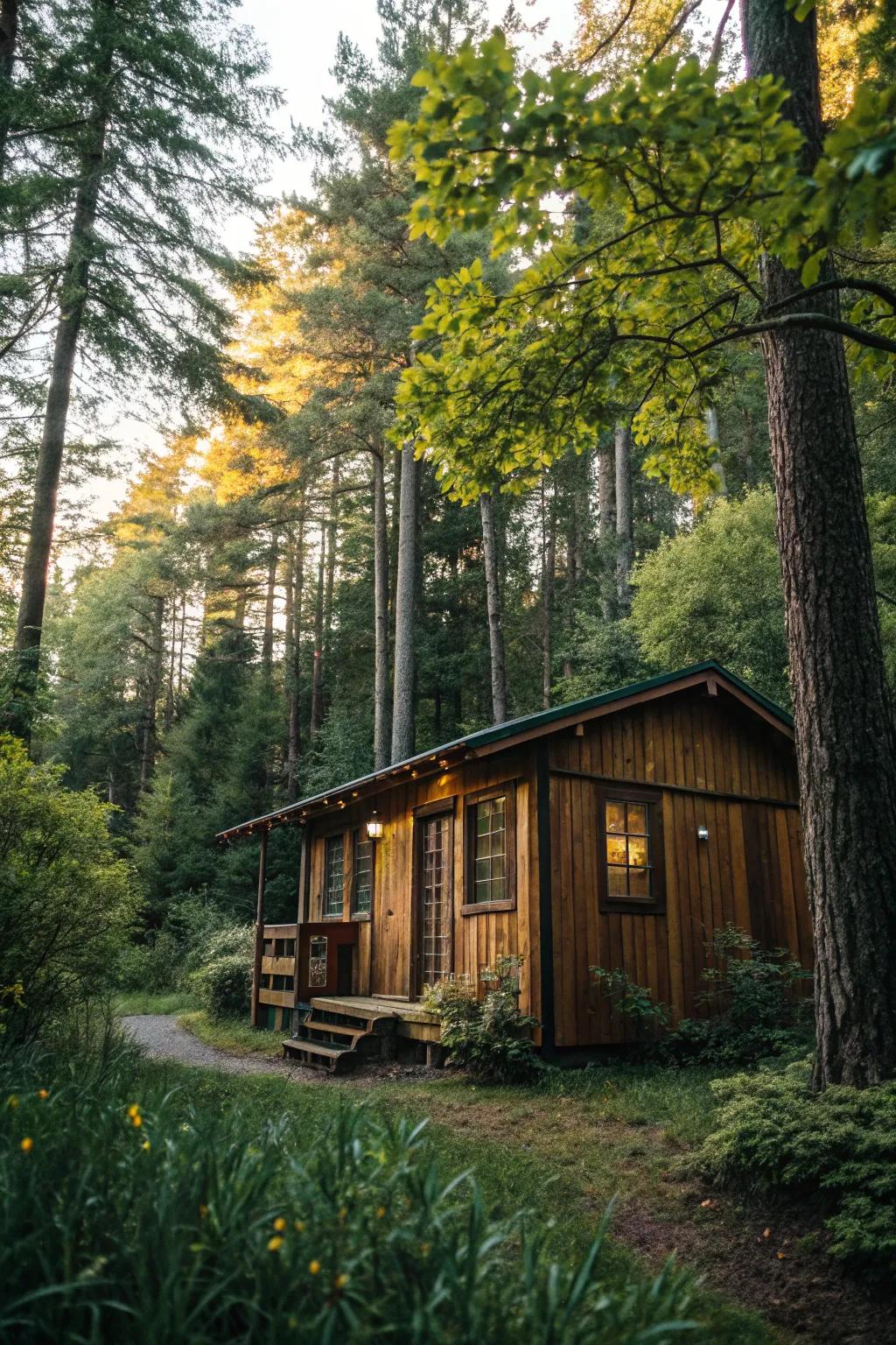 A small cabin with a rustic wood exterior, perfectly nestled among trees.
