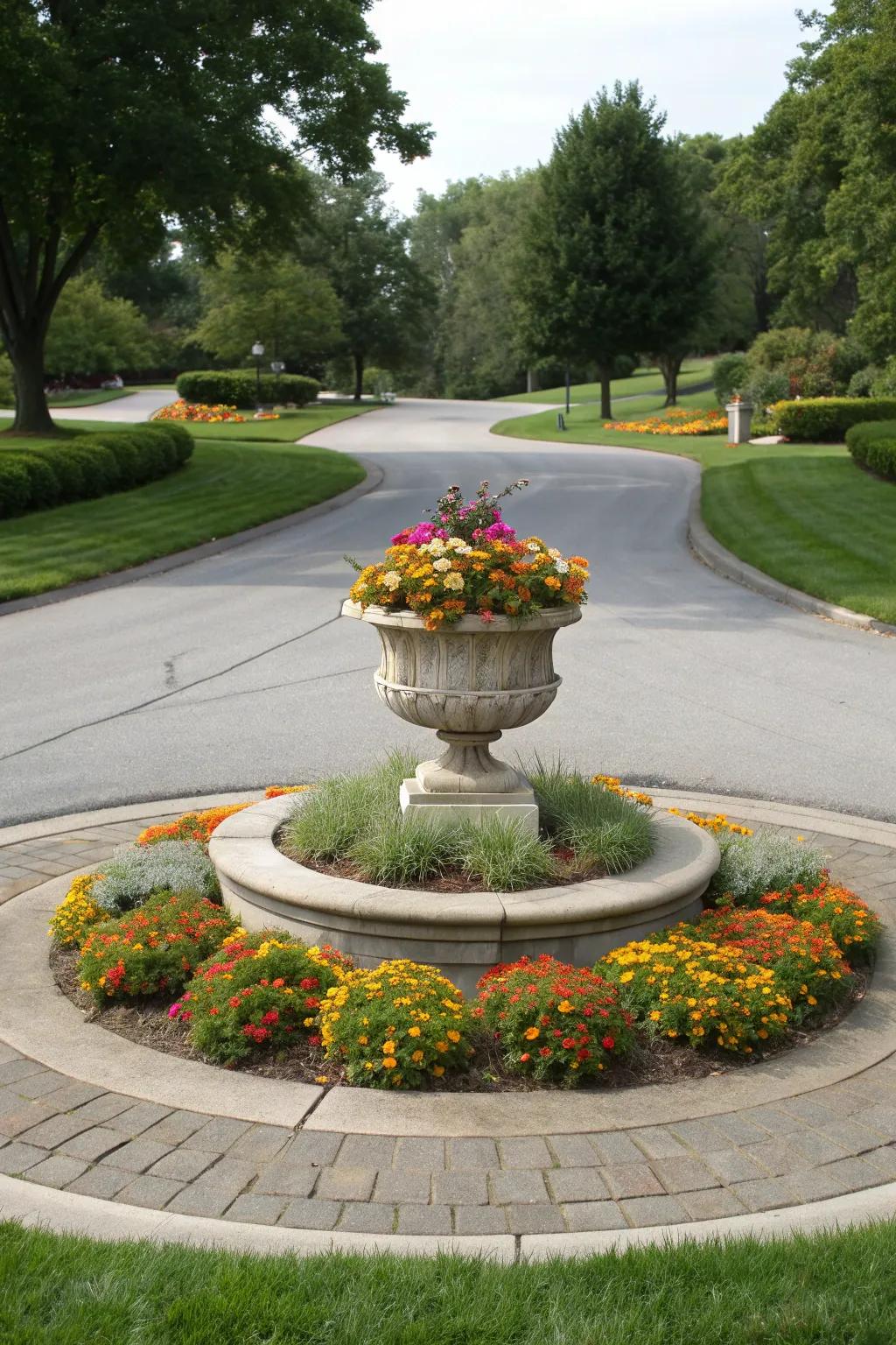 A central stone planter adds a charming focal point to a small circular driveway.
