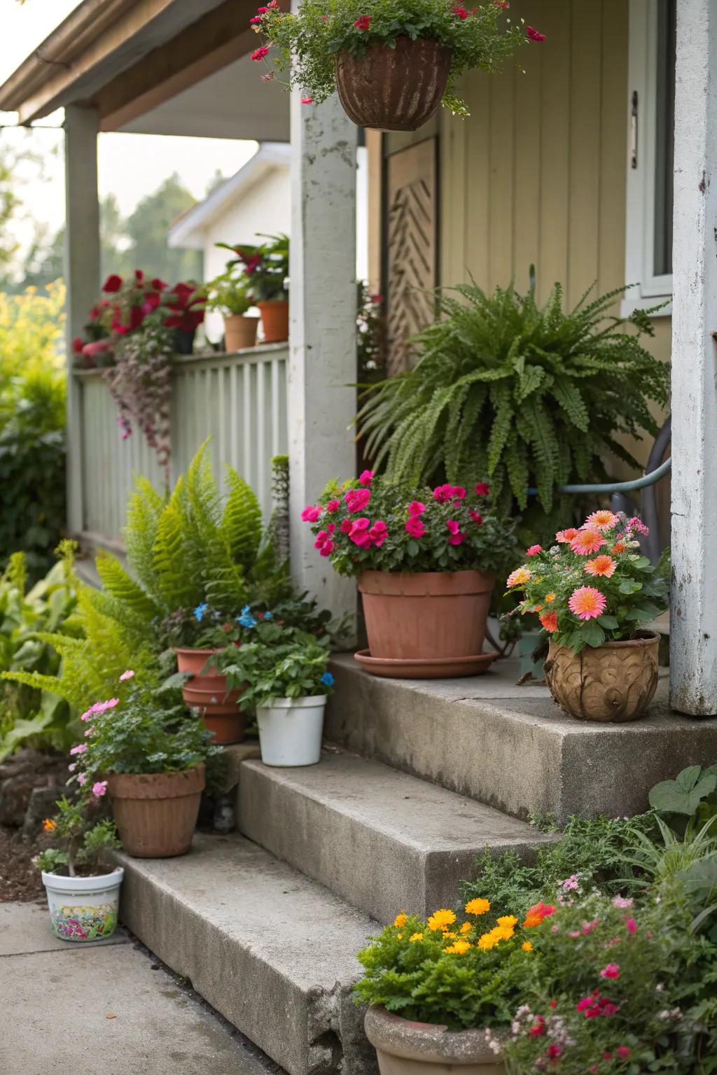 A small concrete porch adorned with a variety of potted plants.