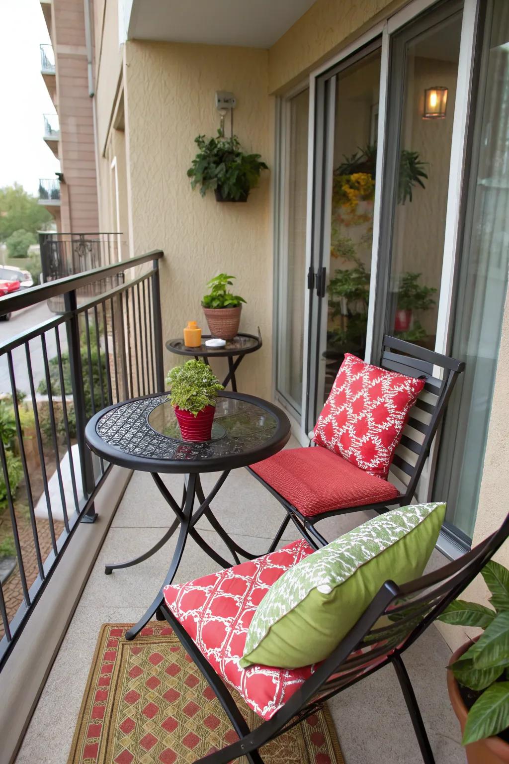 A compact bistro set makes an elegant and practical addition to any small patio.