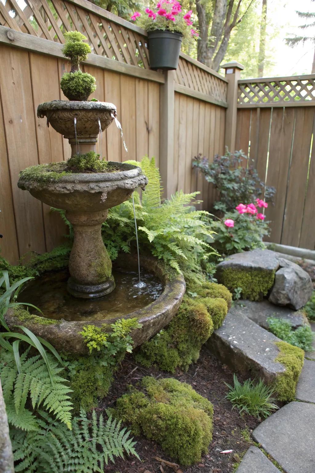 A rustic stone fountain adds timeless charm to any garden corner.