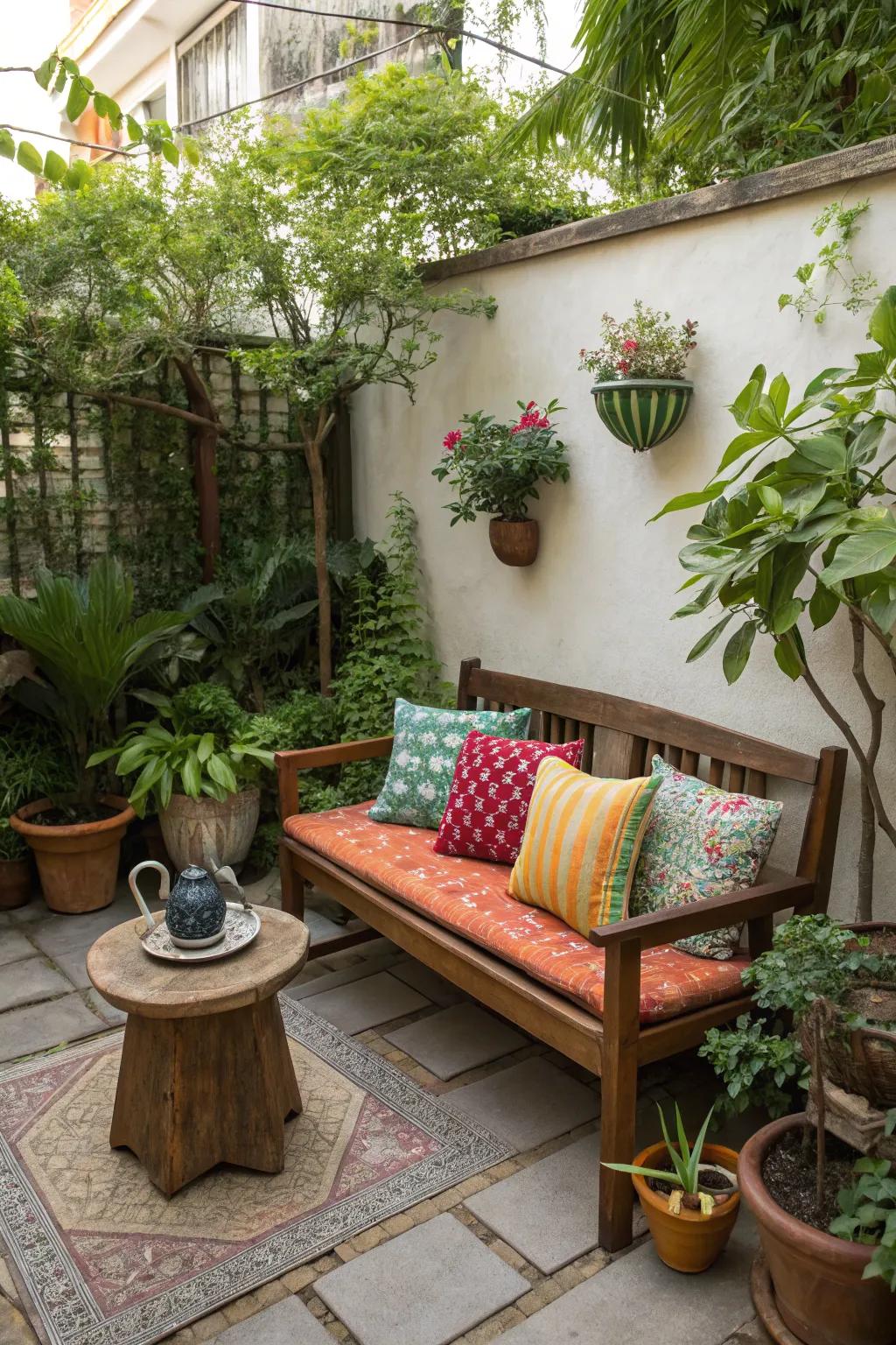 Turn an empty corner into a cozy seating area with a bench and some greenery.