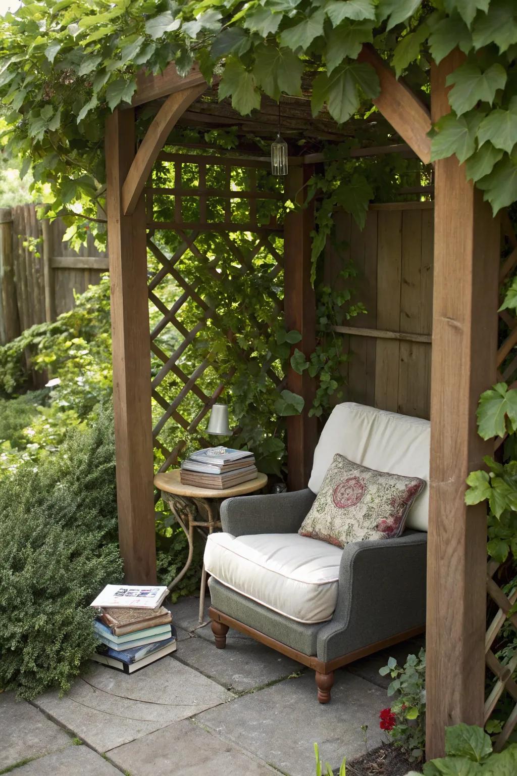 A quaint reading nook nestled within a pergola, perfect for book lovers.
