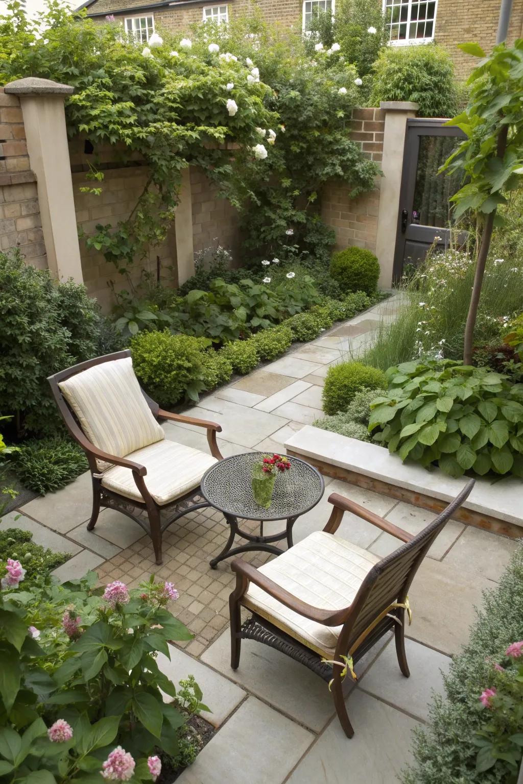 A cozy seating area in a small courtyard garden, perfect for relaxing.