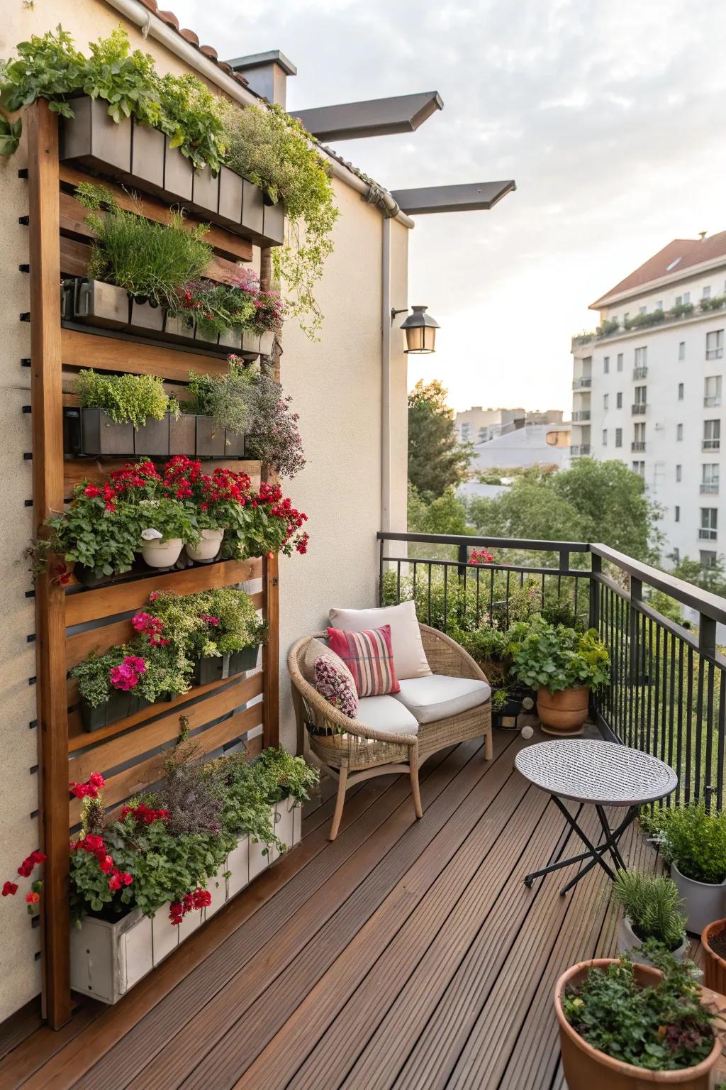 Vertical planters bring life and color to a small deck.