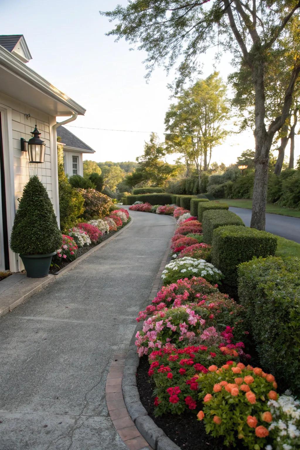 A colorful flower bed instantly uplifts any small driveway.