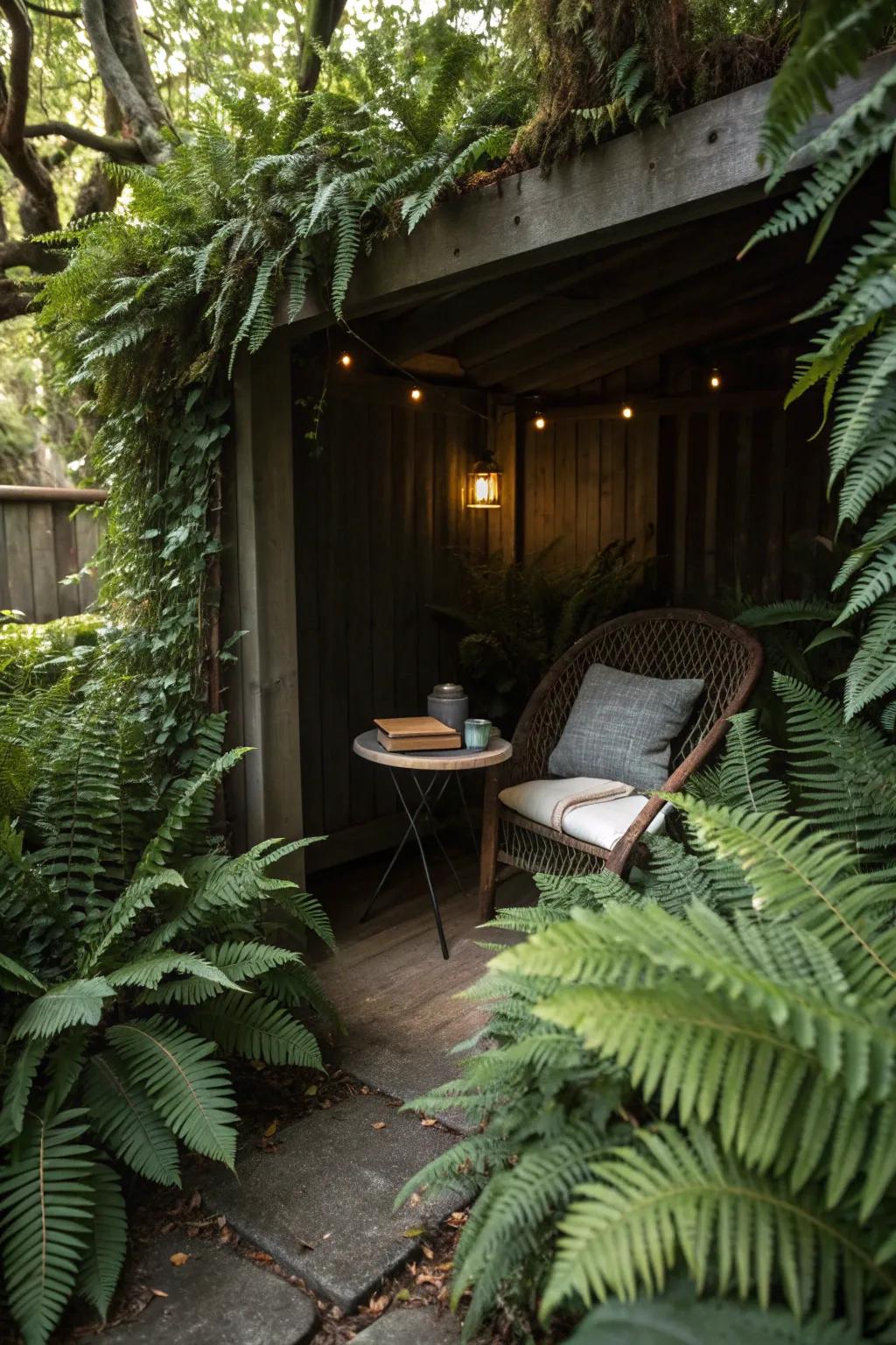 A peaceful seating nook nestled within a fern garden.