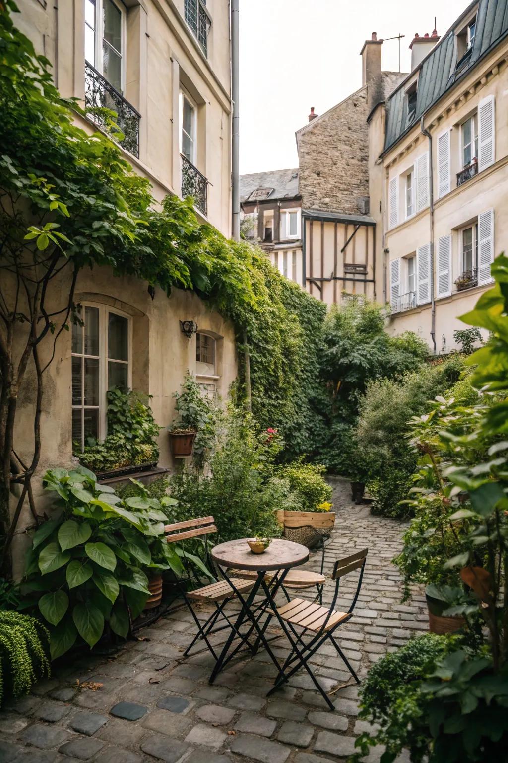 Intimate bistro table setting in a vibrant courtyard.