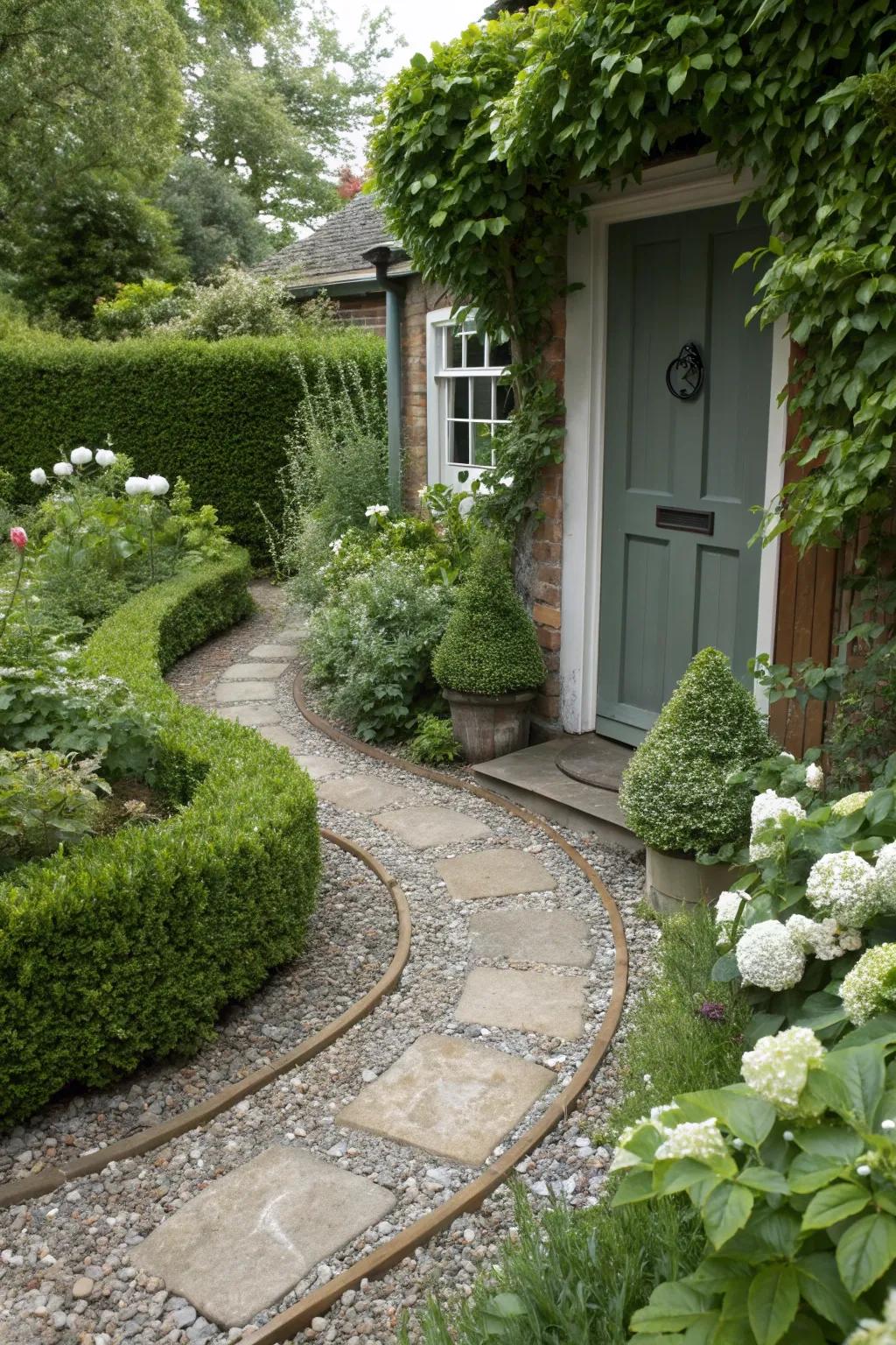 A pebble pathway adds charm and guides guests to your door.