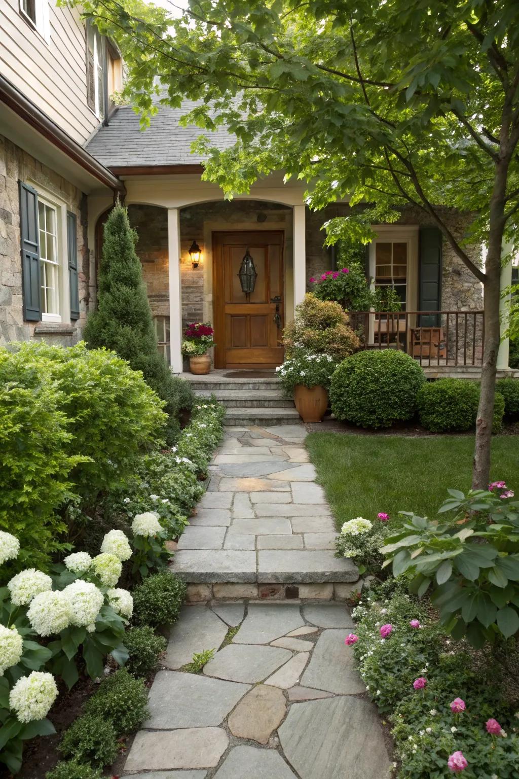 A charming stone pathway that leads to a cozy front porch.