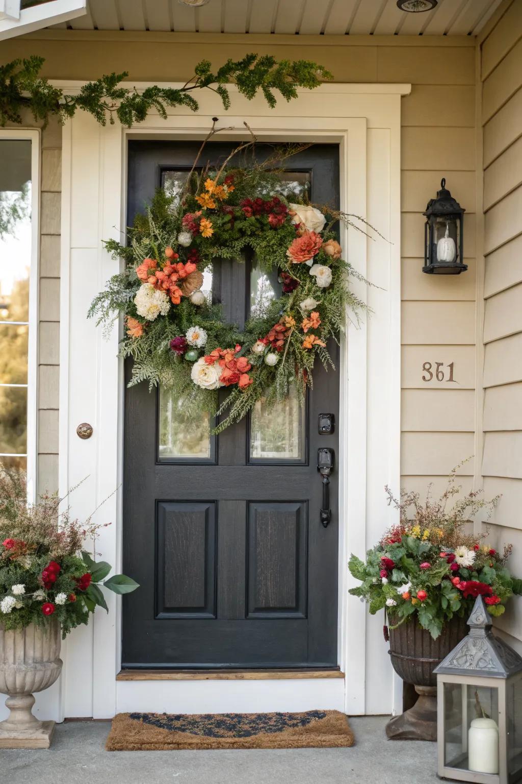 A beautiful wreath adds a welcoming touch to this front door