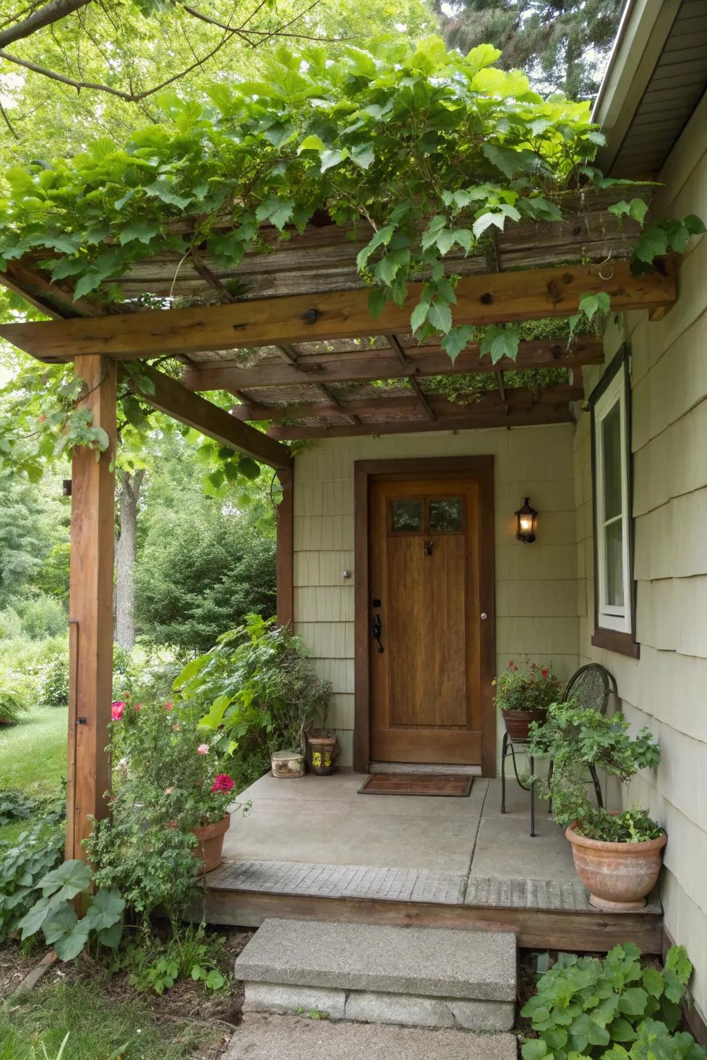 A rustic wooden awning adds charm and warmth to this small front porch.