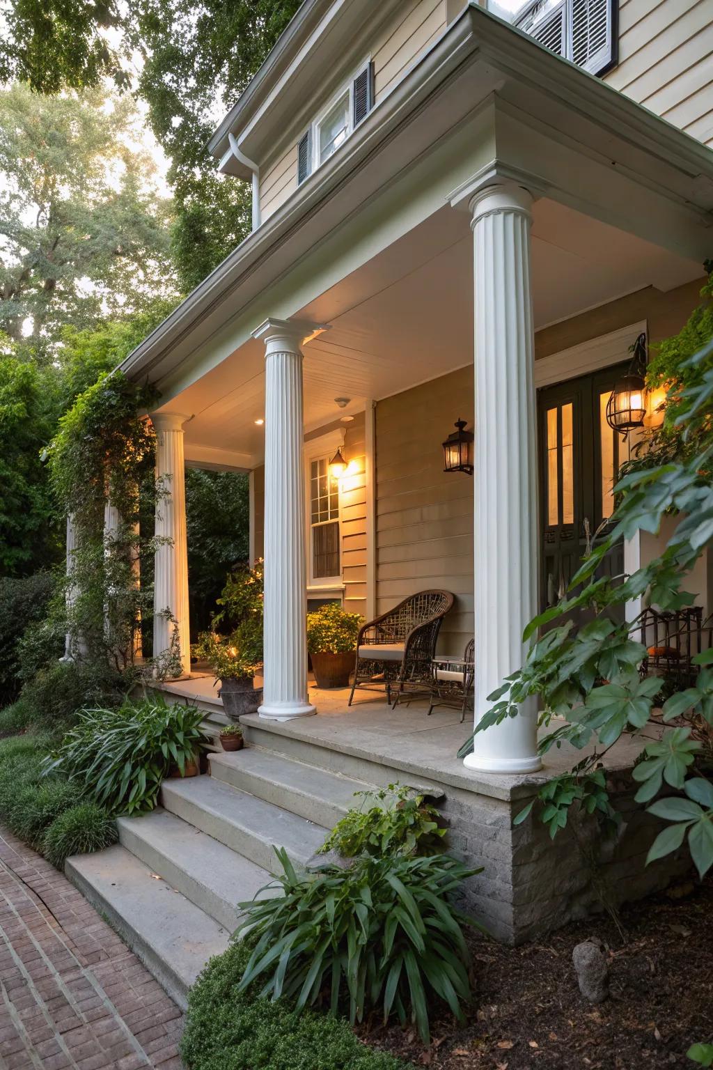 A small porch featuring classic white columns that highlight the home's entrance.