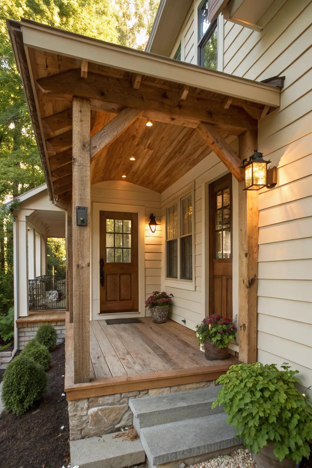 Rustic wooden overhang adding warmth to a small porch.