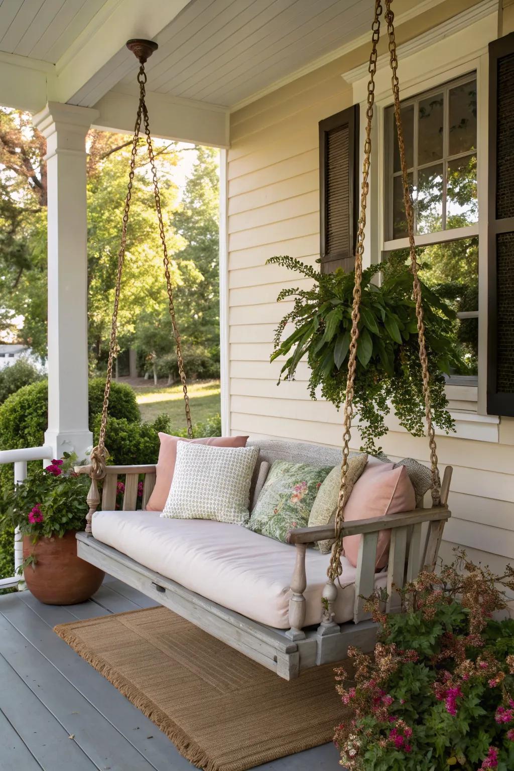 A classic wooden swing offers timeless charm.