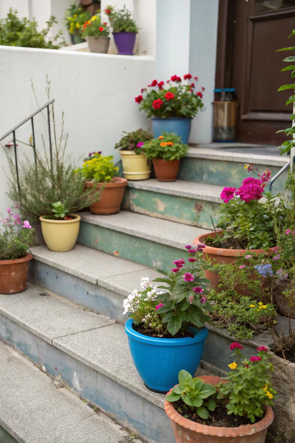 Lush potted plants add a pop of color and vitality to small front steps.