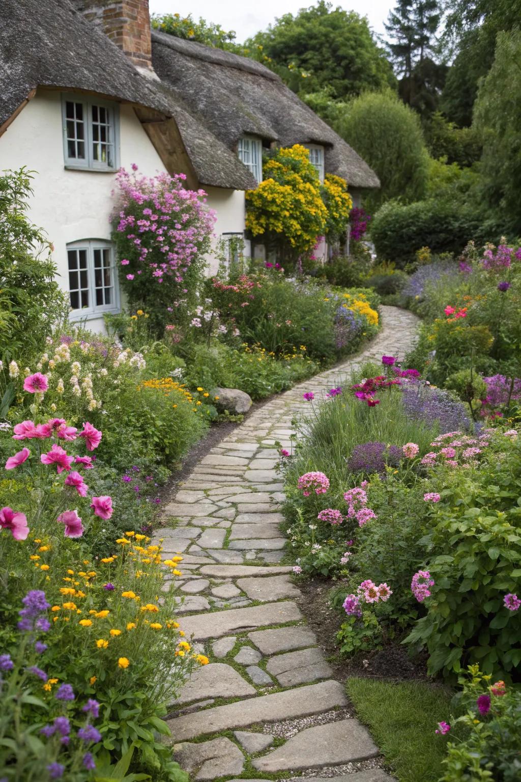 A winding stone pathway weaving through a lush, colorful cottage garden.