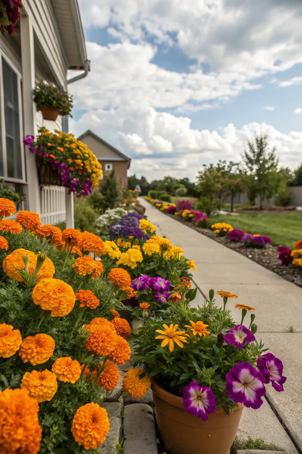 A delightful mix of marigolds and petunias brighten up a small front yard.
