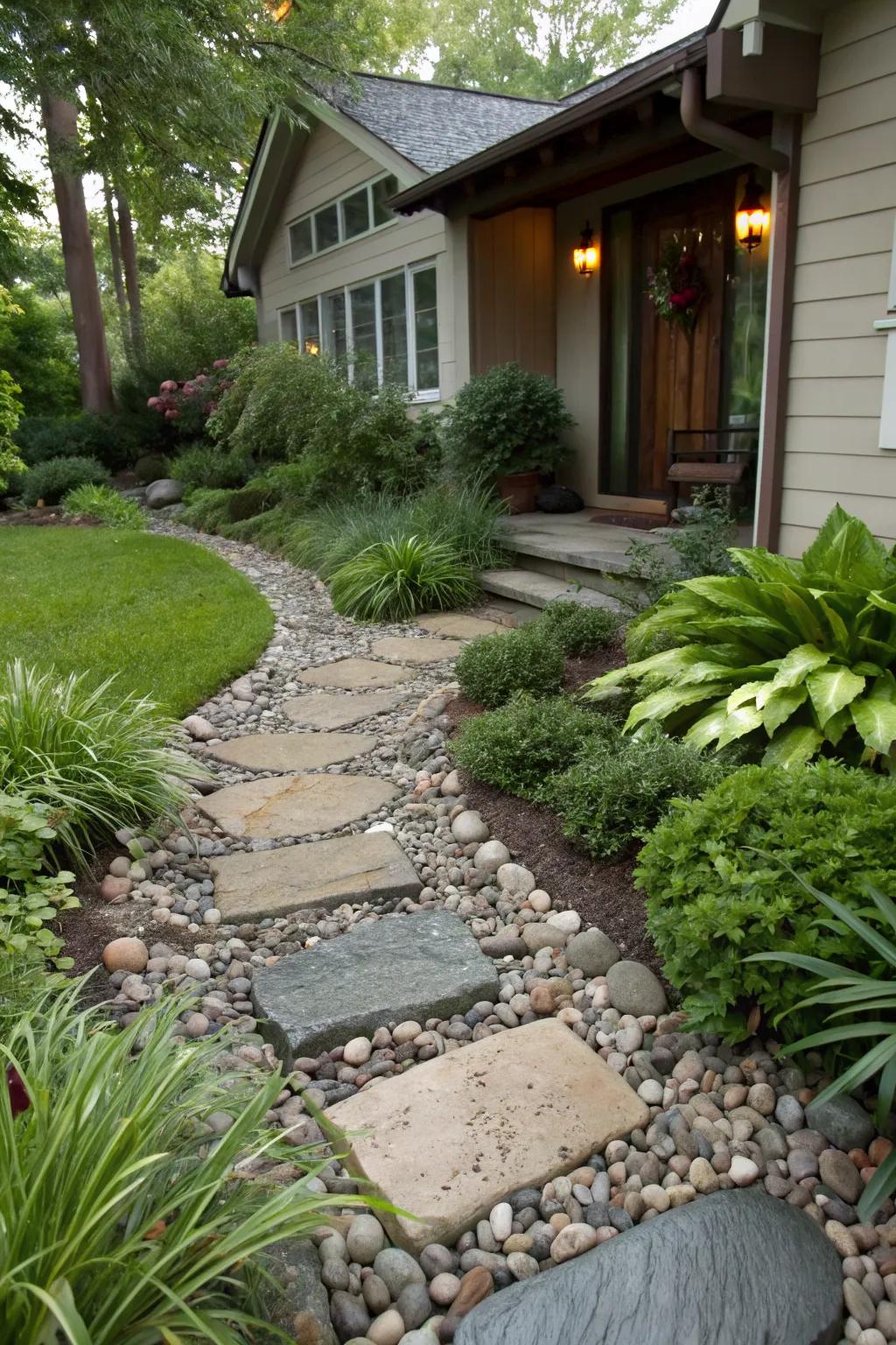A charming rock pathway guides visitors with natural elegance.