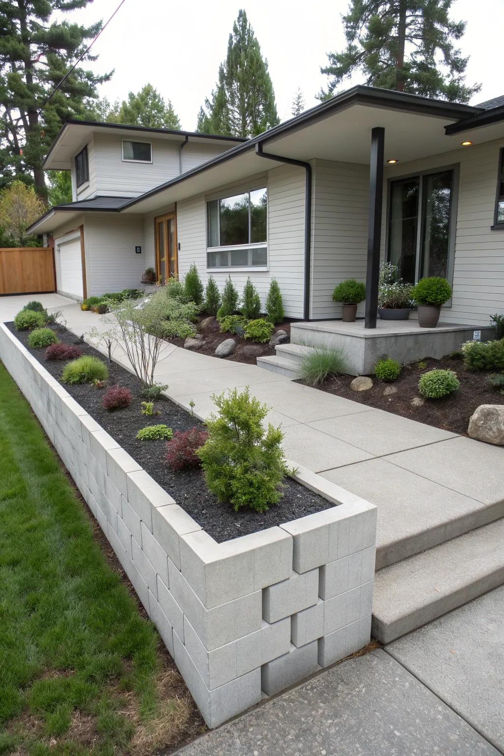 Achieve a modern look with sleek concrete retaining walls.